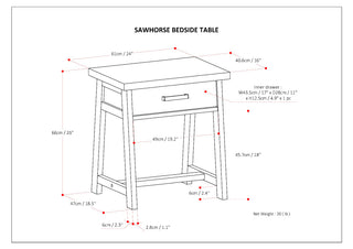 Sunvega Dark Chestnut Brown Solid Wood Industrial Style Sawhorse Side Table with Drawer