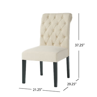 Sunvega Ivory Linen Upholstered Tufted Dining Chairs with Rolled Top Set of 2