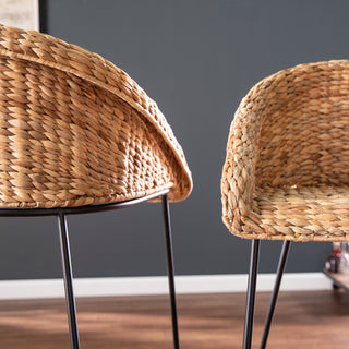 Sunvega Water Hyacinth Bar Stools 2pc Set with Woven Fiber Seat and Metal Footrest