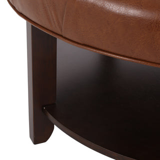 Sunvega Round Ottoman with Faux Leather Upholstery and Open Shelf for Living Room