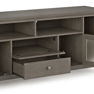 Sunvega Farmhouse Grey Solid Wood TV Media Stand with Glass Doors and Drawers
