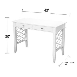 Sunvega White Writing Desk with Lattice Side Panels and Two Drawers
